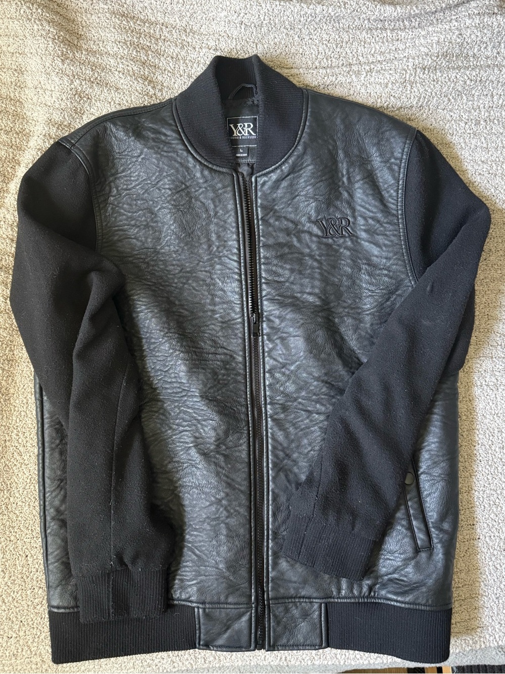 *Vintage* Young & Reckless Black Faux Leather Bomber Jacket